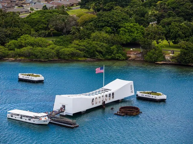 Aerial view of the USS Arizona Memorial and shuttle boat